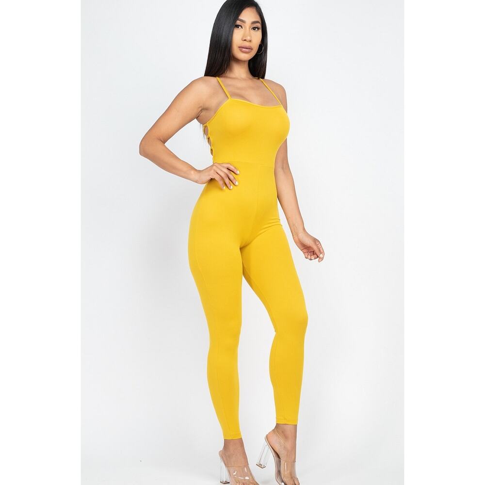 Criss-cross open back bodycon jumpsuit (Mustard)-Small